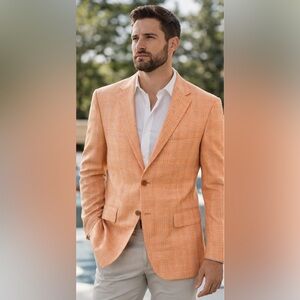 Kiton White & Orange Layered Check Cashmere-Linen Plaid Sport Coat EU 52/ US 42R